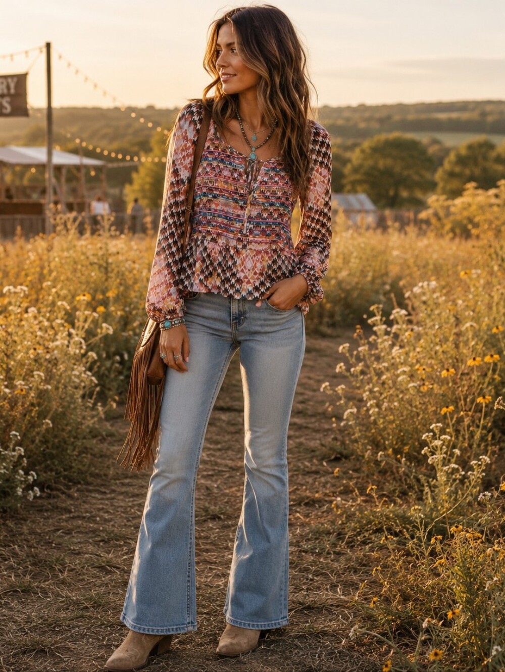 Savanna Jane Blouse 1X Multicolor Geometric Embroidered Boho Country Festival